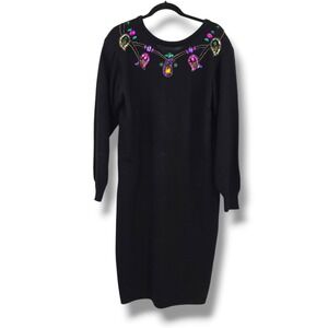 Plain Jane Beaded Embellished Sweater Dress Long Sleeve Jewel Accents Vintage